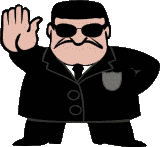 Sarjakuvamainen piirros mustaan pukuun pukeutuneesta miehestä, joka osoittaa kädellä pysähtymis- tai pääsykieltomerkkiä.